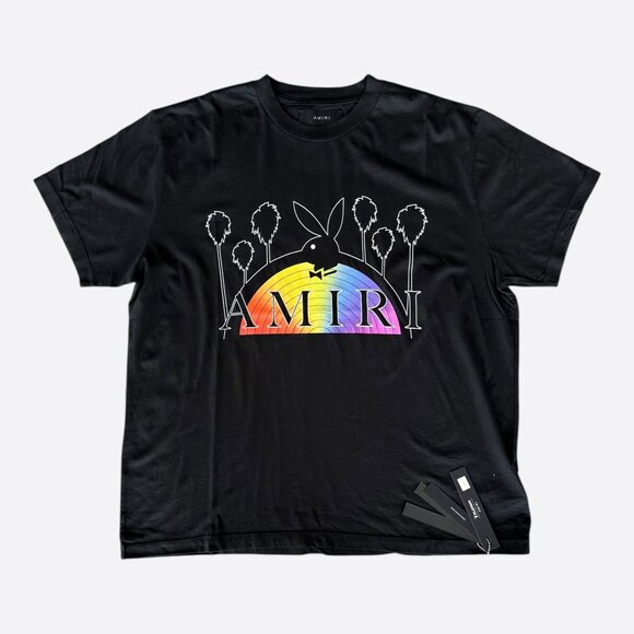 Amiri Playboy Black & Rainbow Bunny Logo T-Shirt - Picture 1 of 6